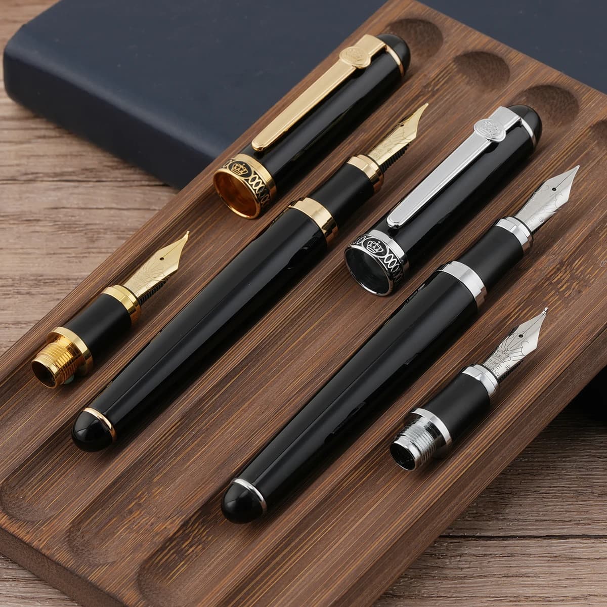 Duke Black D2 Fountain Pen Set Medium Nib 0.7mm with Converter, Come with 1pc Calligraphy Bent Nib ,Interchangeable Writing Set