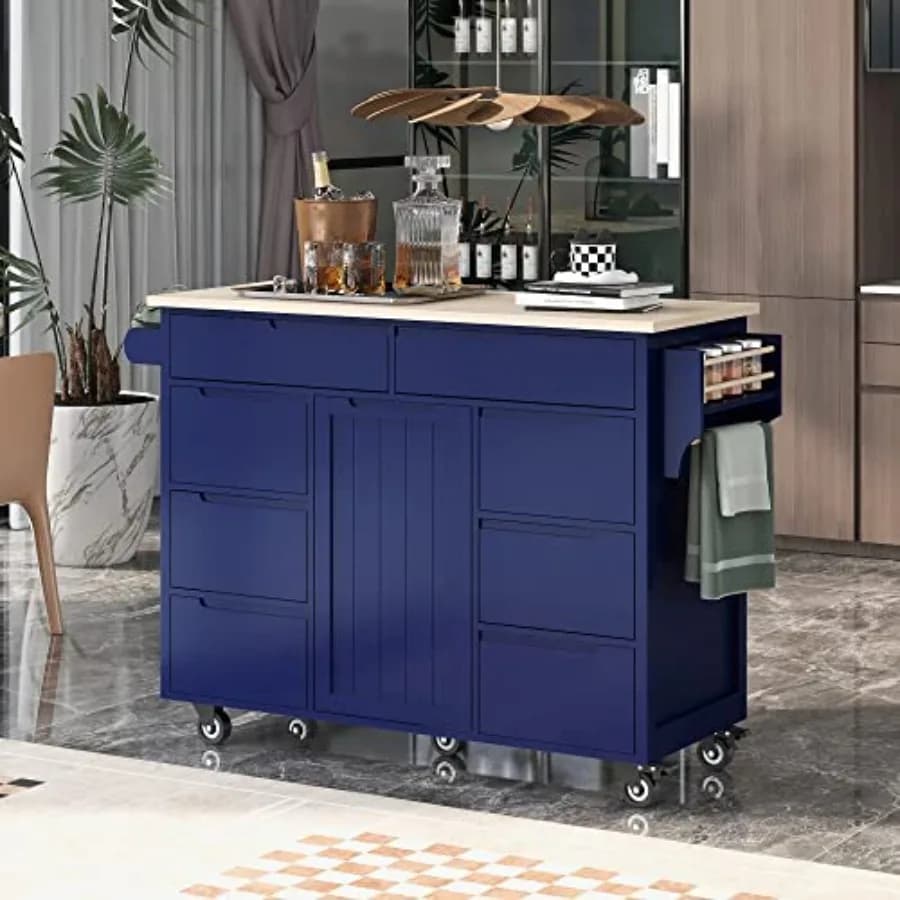 Carrello da Cucina Mobile con Ruote, Isola per Colazione con Porta Spezie e Portasciugamani, 8 Cassetti e 5 Ruote per Sala da Pranzo