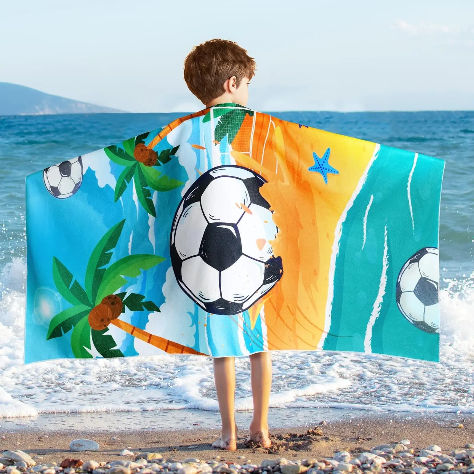 Telo Mare Oversize a Forma di Pallone da Calcio per Ragazzi, Asciugatura Rapida in Microfibra, Leggero, per Sport, Viaggi e Piscina, per Bambini