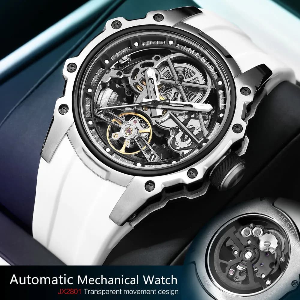 MEGIR Orologio meccanico automatico sportivo da uomo Orologio da polso alla moda con cassa in acciaio inossidabile con cinturino in silicone bianco quadrante scheletrato