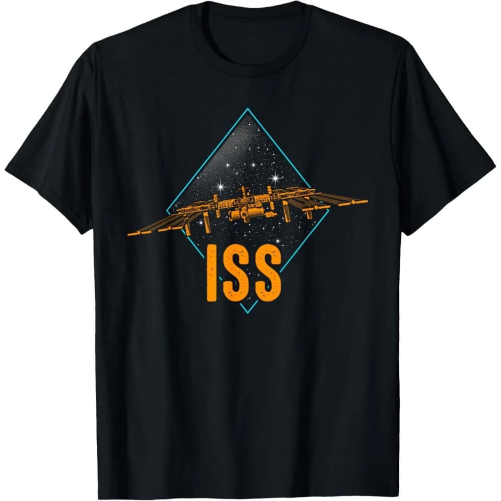 Men'S ISS International Space Station Space Flight Science T-Shirt Black Casual Crew Neck Short Sleeve Men's T-shirts for Summer