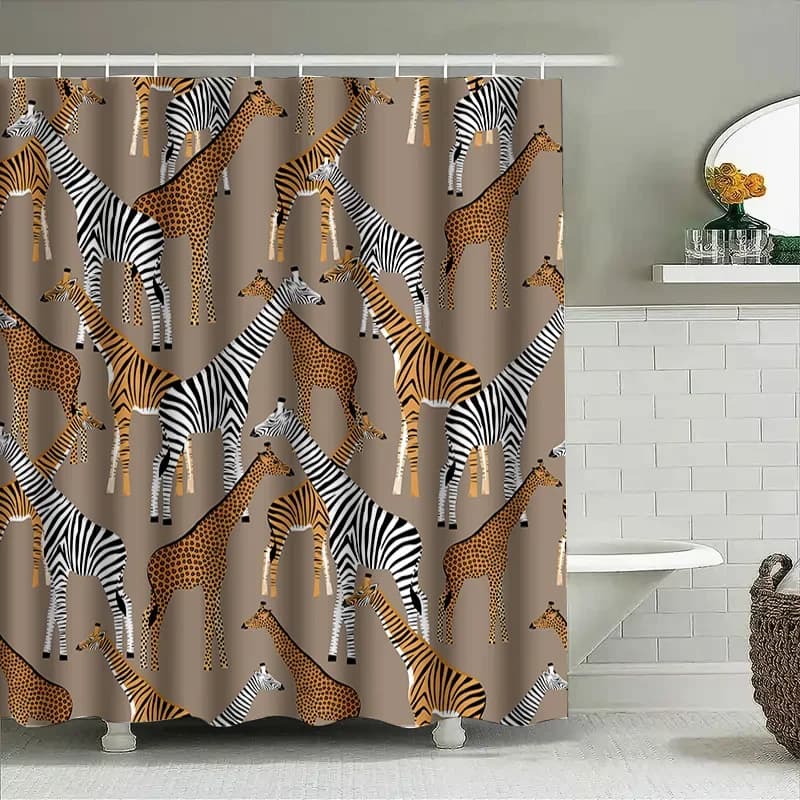 Animal Print Shower Curtain Zebra Giraffe Pattern Brown Background for Bathroom Decorations Polyester Fabric Water Repellent Wat