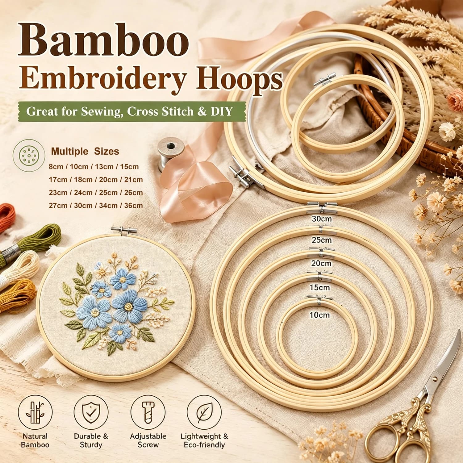 Multi‑Size 8‑36cm Natural Bamboo Embroidery Hoop Round Cross Stitch Frame DIY Hand Sewing Needlework Craft Tools