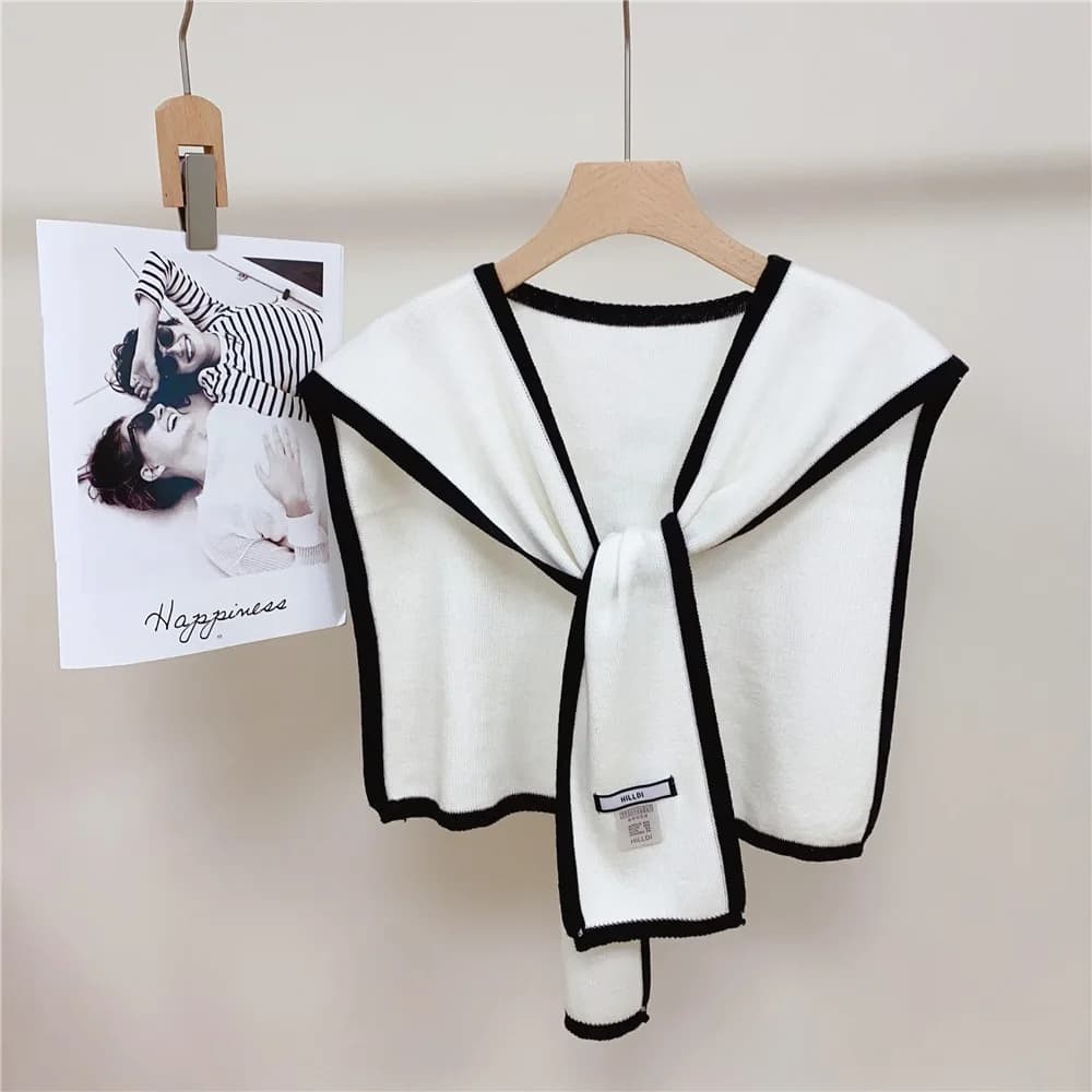 Korean Candy Color Hollow Out Knitted Warm Shawl Winter Female Blouse Shoulders Fake Collar Cape Knotted Scarf Stripe Outerwear