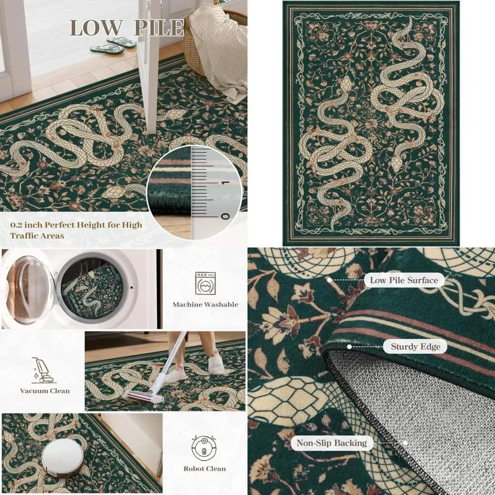 Green Carpet 5x7 with Washable Snake Motive - Soft Anti-slip Carpet for Living Room, Bedroom, Lunch Room and Home Office