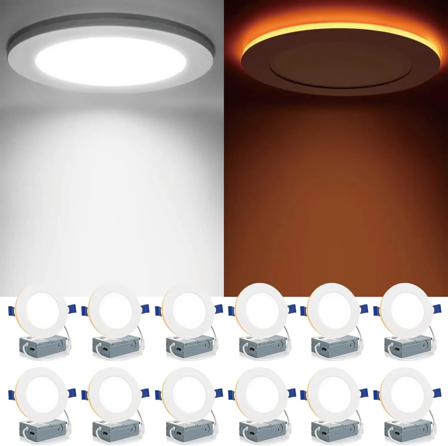 Set di 12 Faretti LED Ultra-Sottili da 4 Pollici con Luce Notturna, 5CCT Selezionabili, Dimmerabili, Certificati ETL e FCC