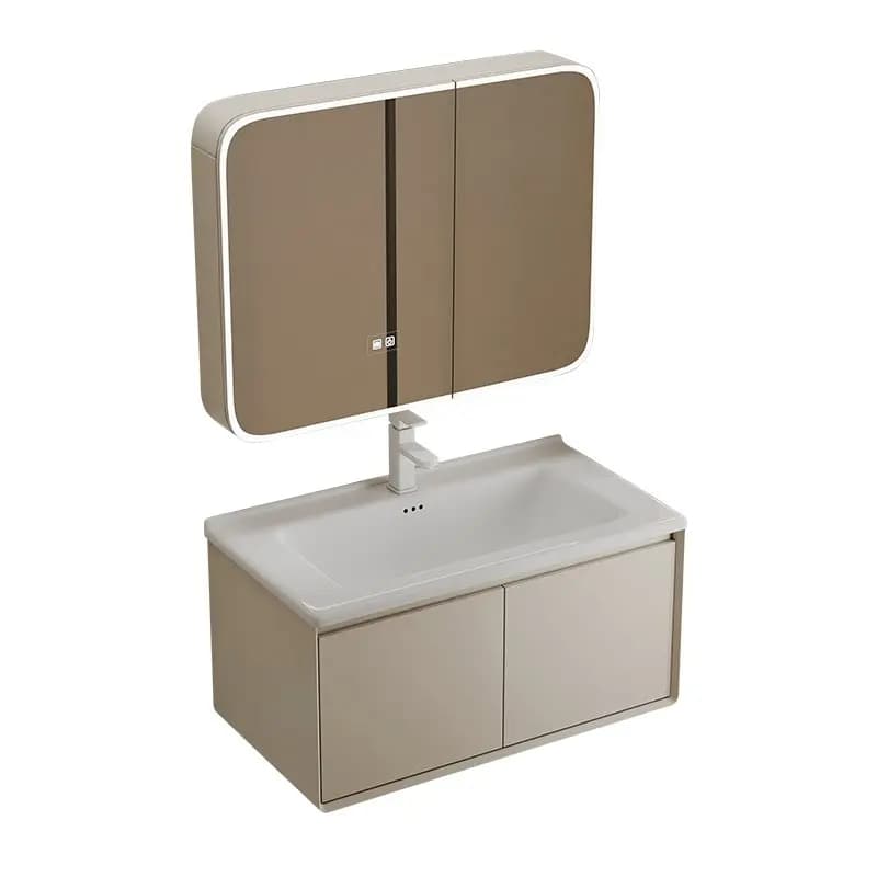 Mobile bagno impermeabile con lavabo in ceramica, mobiletto in legno massello e alluminio a nido d'ape, armadietto a specchio intelligente per hotel e casa