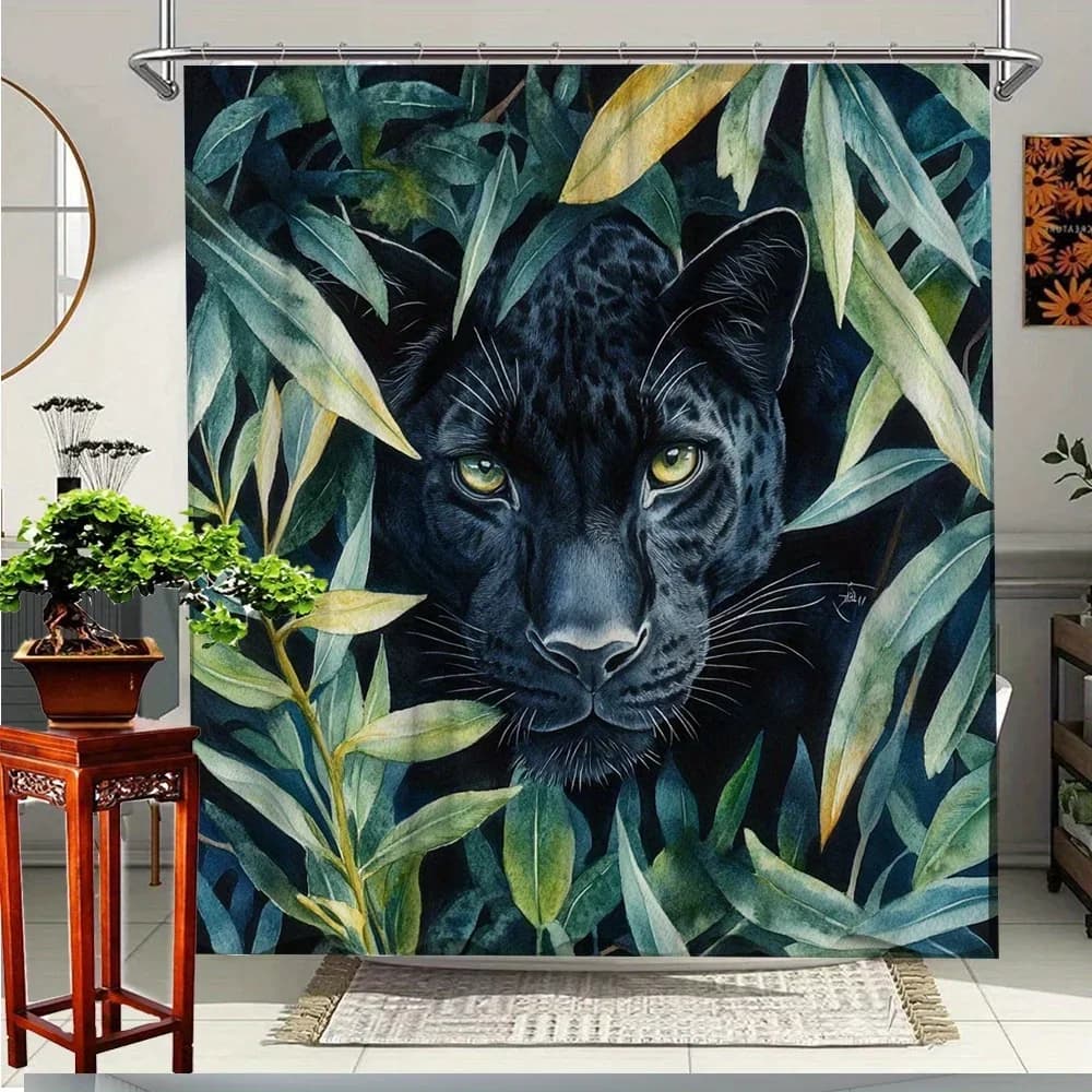 ~O~1pc Tenda da doccia giungla pantera nera con foglie verdi - Arredamento bagno esotico audace, 70,8x70,8 pollici, Lavabile in lavatrice Fa
