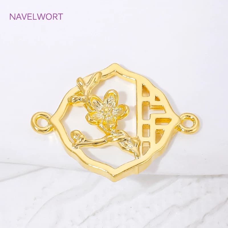 Connettori a Forma di Quadrato Placcati in Oro 18K, Connettori a Fiore di Prugna in Ottone per Creazione di Gioielli, Forniture per Realizzazione Braccialetti Fai-da-Te