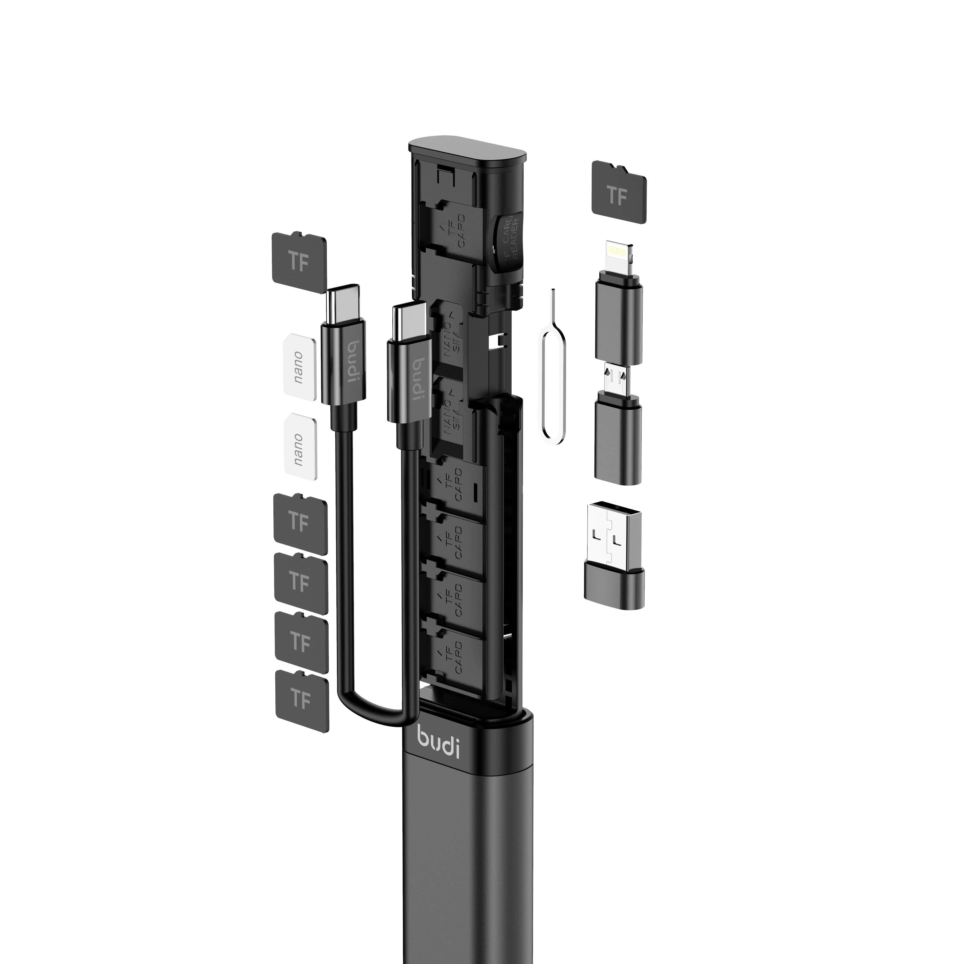 Cavo dati multifunzione BUDI 9 in 1 con custodia per schede di memoria USB Type-C, lettore di schede Micro SD ad alta velocità