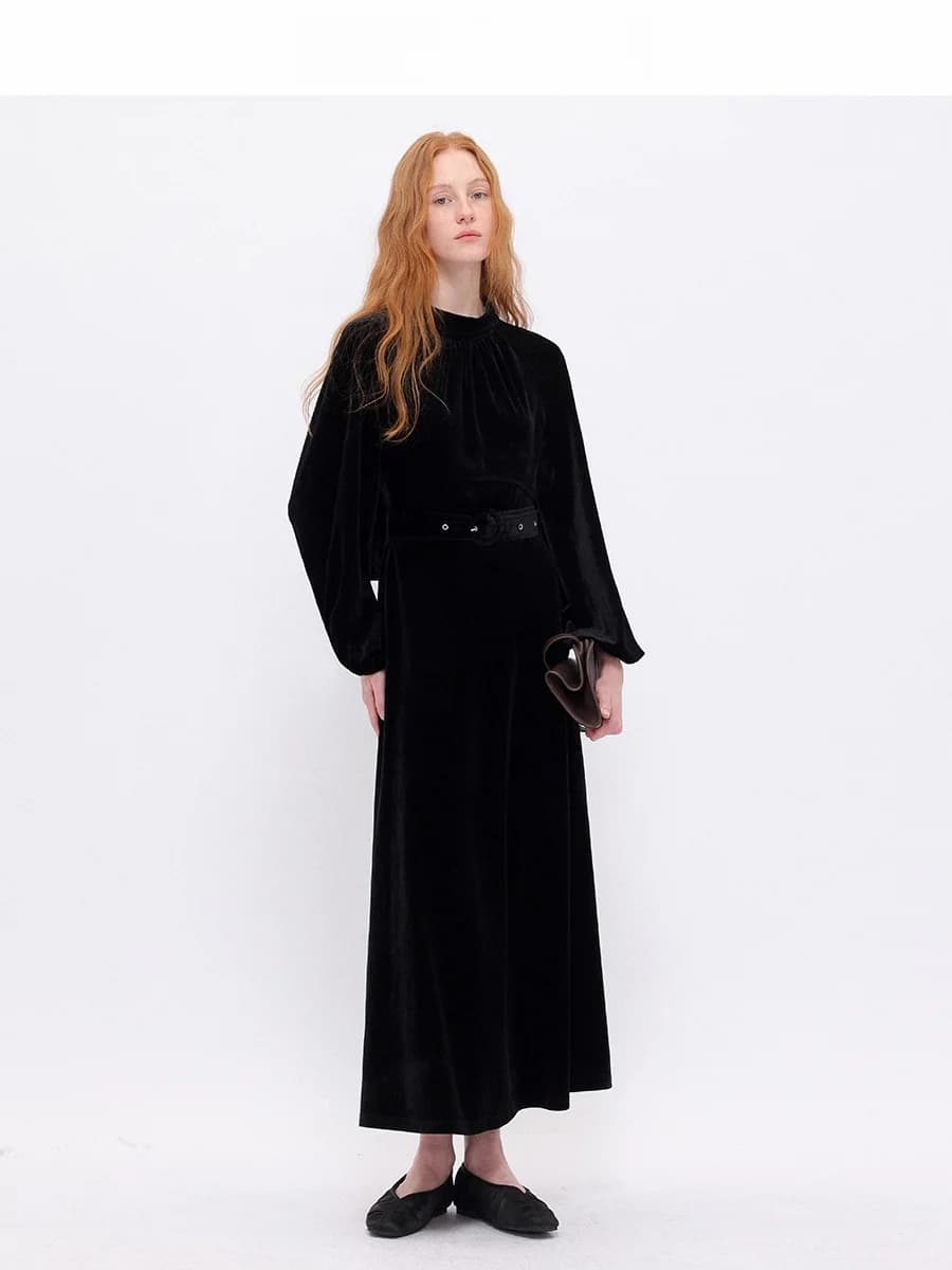 Abito Lungo in Velluto Ele con Collo Alto per Donna, Gonna in Velluto di Seta per l'Inverno, Collezione Annuale CHACHA
