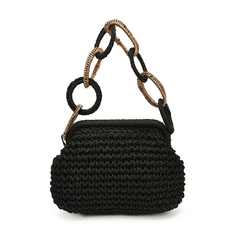 Bohemian Retro Straw Woven Kiss Lock Clutch Bag Trendy Large Circle Ring Chain Handbag Summer New Beach Vacation Crossbody Bags