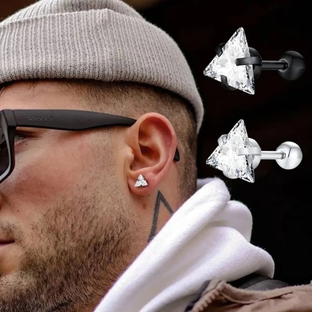 Stud Earrings Men,Triangle Pierced Crystal Zircon Stud Earrings,Stainless Steel Geometric Minimalist Studs for Man Jewelry