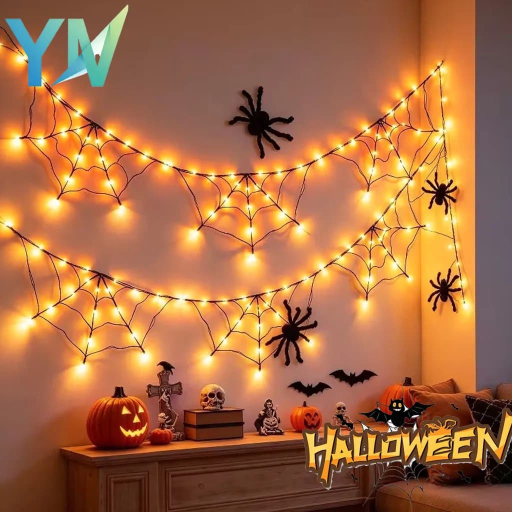 Halloween Cobweb String Lights LED Multicolor Hanging Atmosphere for Outdoor Party Yard Garden Porch Home Festival Display