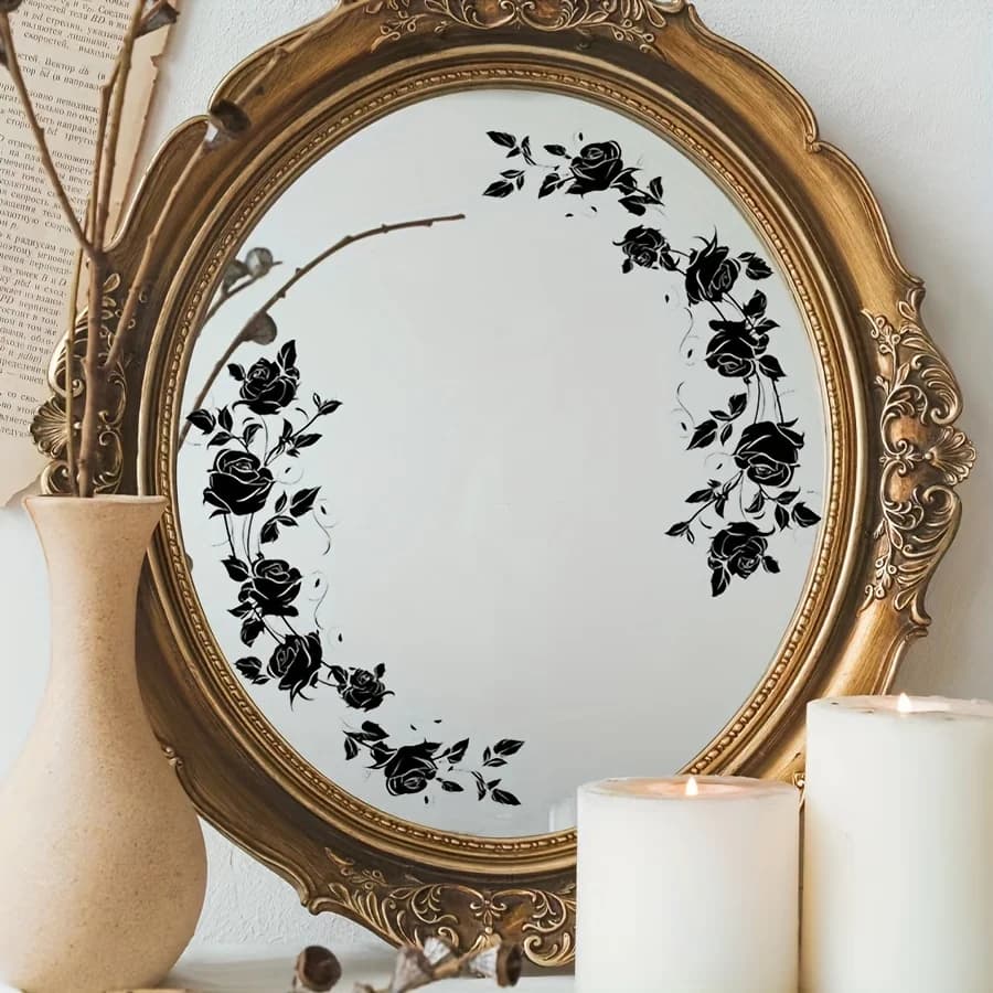 1 adesivo decorativo autoadesivo a tema rosa nera, perfetto per specchio, bagno, camera da letto, soggiorno