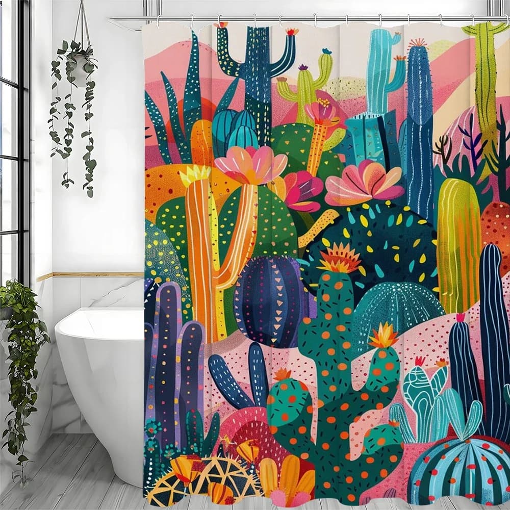 Tenda da doccia da giardino con cactus vibranti con motivi colorati per un'arredamento del bagno divertente e vivace