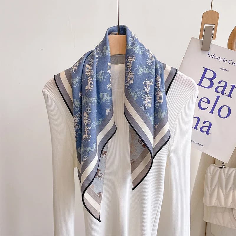 Double Border Carriage Square Scarf 30% Mulberry Silk 70% Wool 70cm Haze Blue Base Versatile Neck Travel Wrap Gift for Him Her