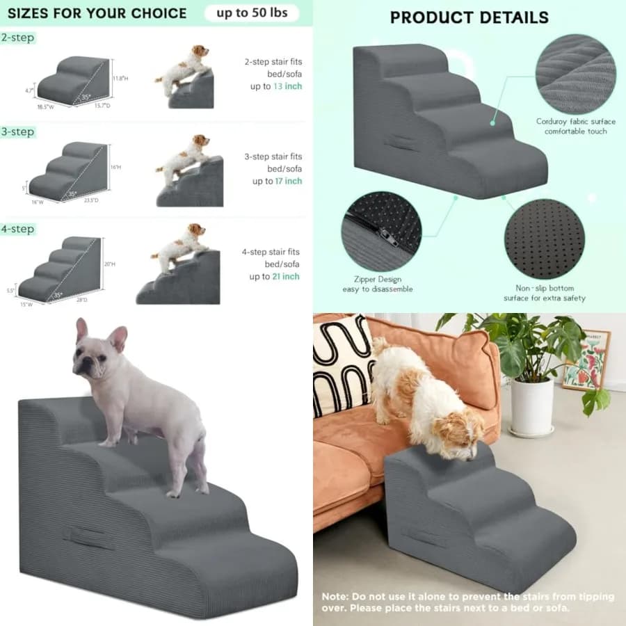 Scala per Cani e Gatti di Piccola Taglia, Rampa per Cani a 4 Gradini, 50 cm di Altezza, per Letti Alti, Divani, Impermeabile, con Rivestimento Rimovibile