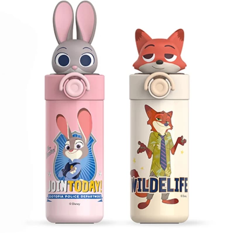 Tazza Termica per Bambini Co-brandizzata Zootopia Judy e Nick, con Chiusura di Sicurezza, Bicchiere con Cannuccia per Studenti in Acciaio Inossidabile