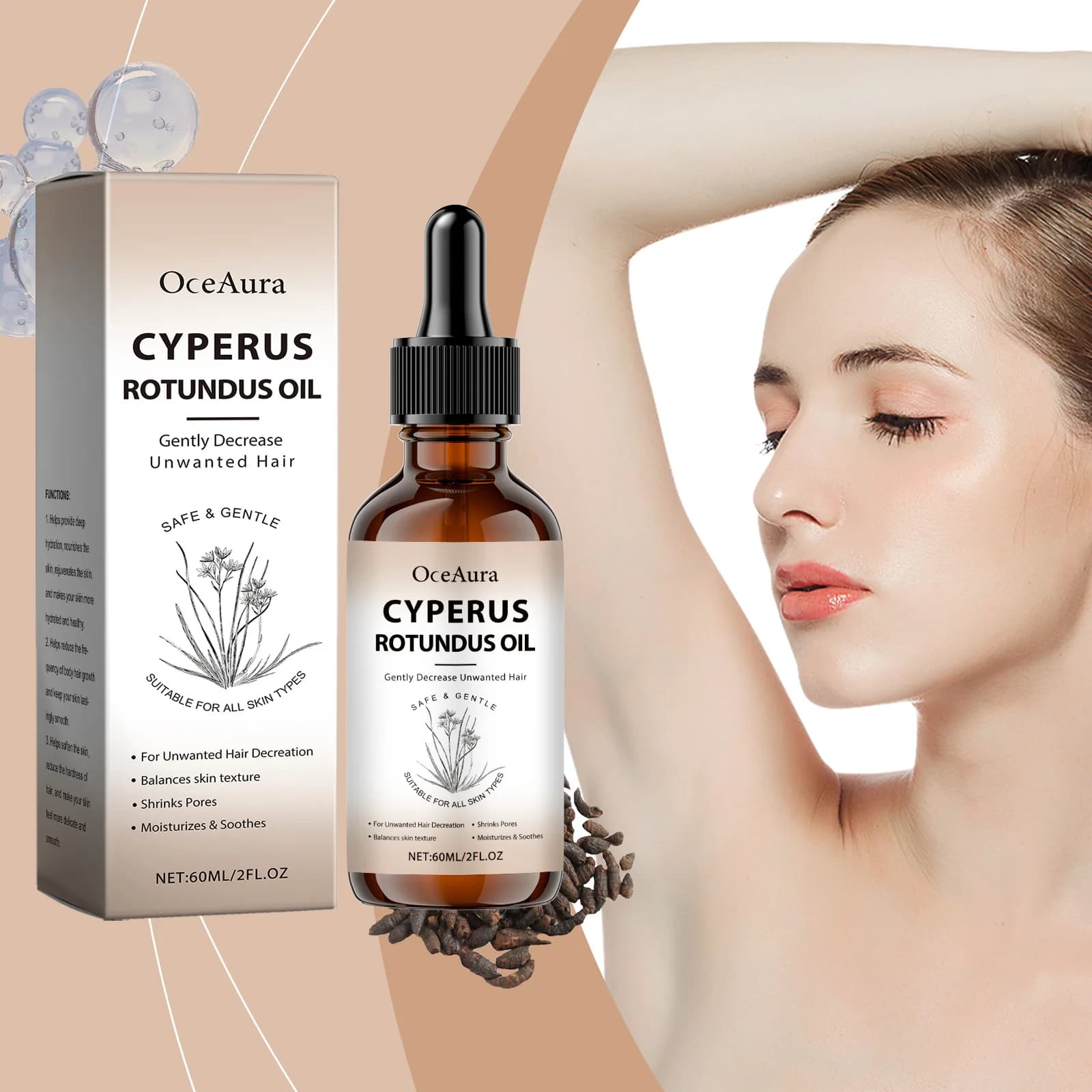 Olio di Cyperus Rotundus per la depilazione, riduce la crescita dei peli di ascelle, gambe e braccia, inibitore della crescita dei peli, idratante, nutriente, cura della pelle del corpo.