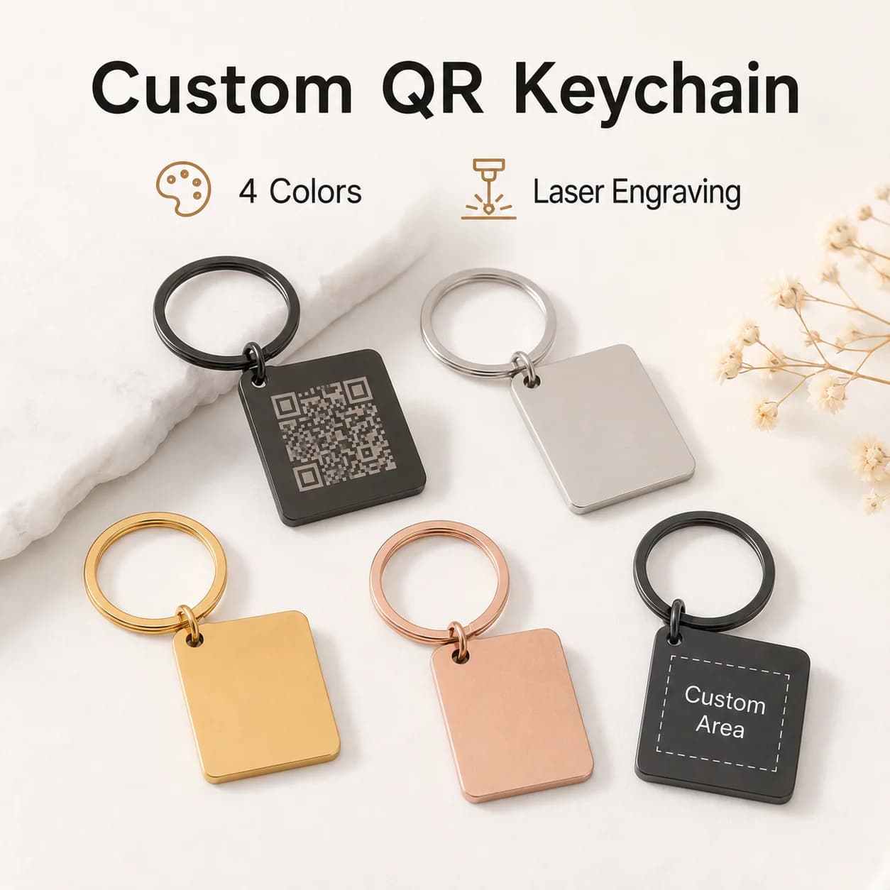 Custom QR Code Keychain Laser Engraved Square Keyring Stainless Steel Business Gift Social Media Web Link Personalized Key Chain