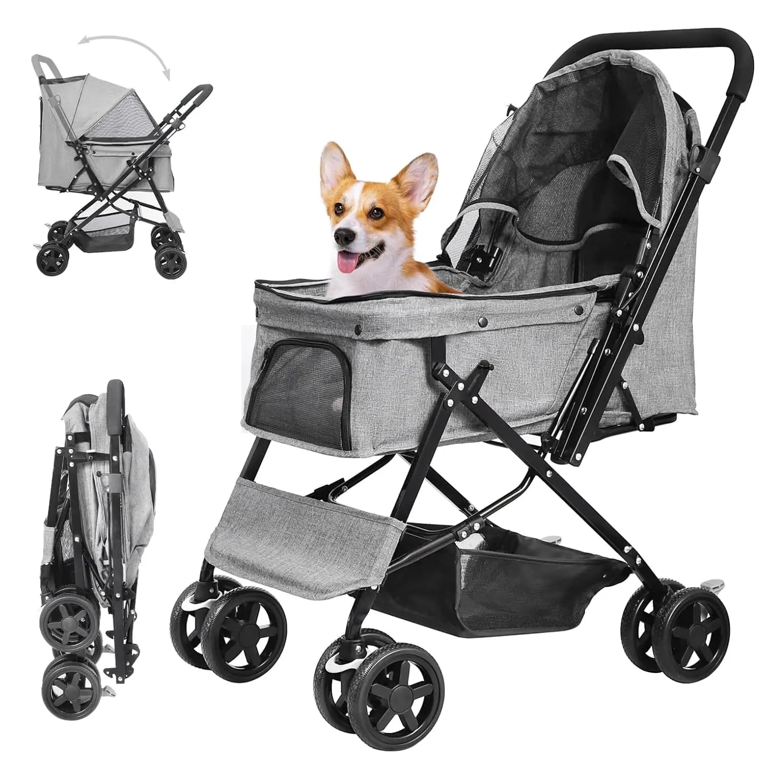Lightweight Dog Stroller with Reversible Handle for Medium Small Dogs and Cats, Foldable Pet Stroller Travel Carriage with Large