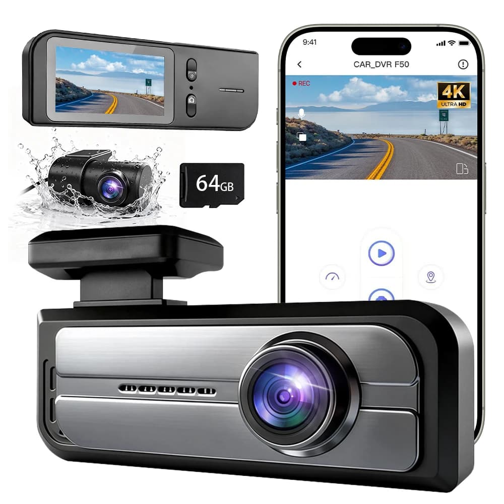 CAMBLO Dash Cam 4K UHD dual lens, DVR car camcorder with 2 inch display, integrated Wi-Fi, night vision, 24-hour parking monitoring, video recorder.