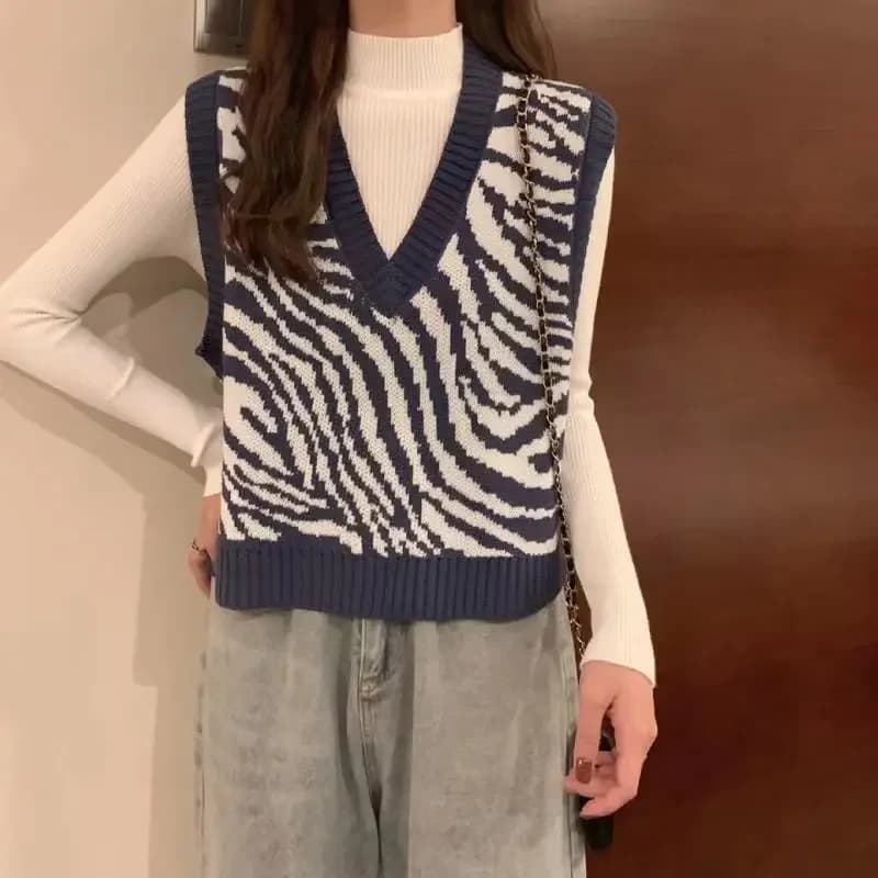 Gilet da donna in maglia con stampa zebrata, maglione senza maniche, scollo a V, capispalla alla moda, gilet ampio per la primavera autunno inverno