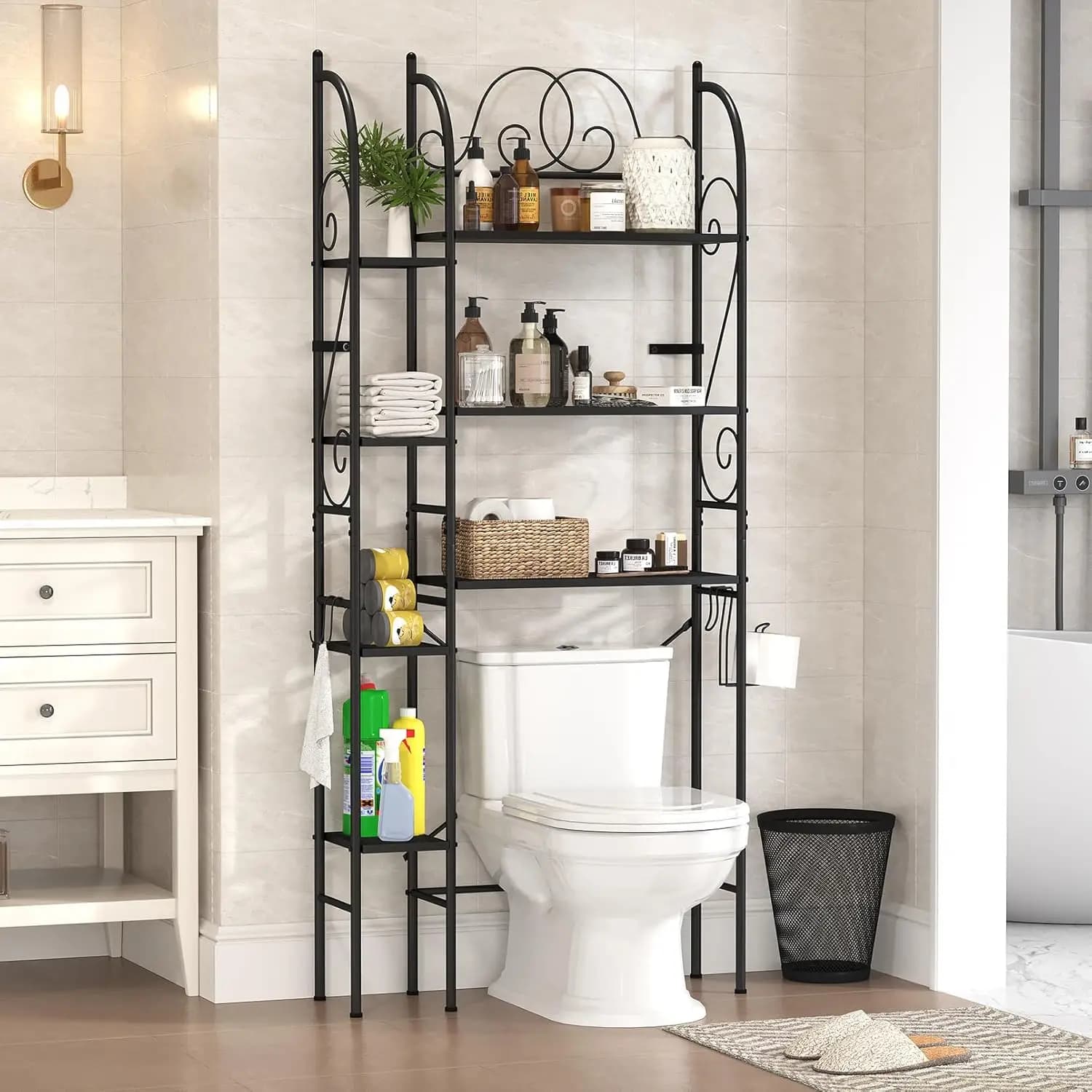 Scaffale portaoggetti a 7 livelli da posizionare sopra il WC, organizer da bagno in metallo resistente con ripiano regolabile, porta carta igienica e portaoggetti laterale
