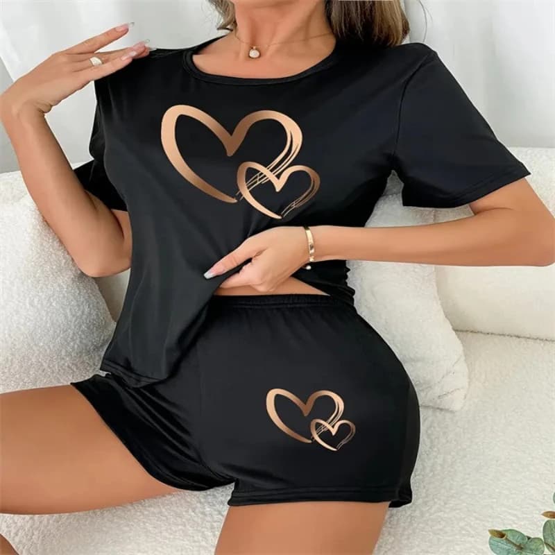 Pigiama da donna casual europeo-americano con stampa, completo di pantaloncini e top a maniche corte con scollo rotondo