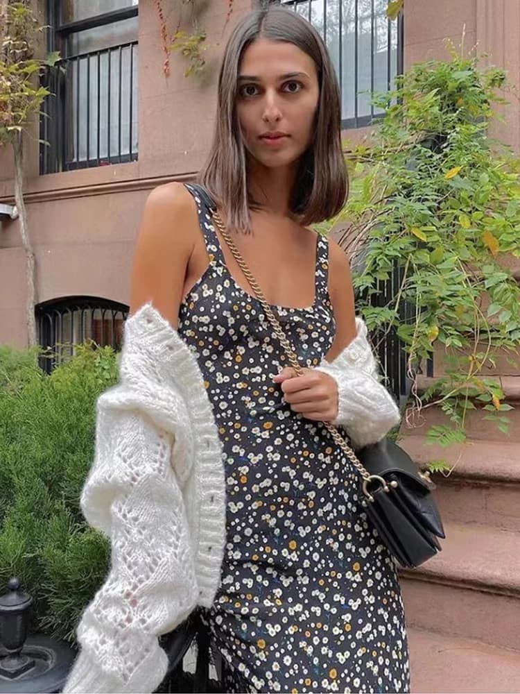 Nuovo Abito Estivo Nero con Stampa Floreale a Margherite, Vestito Halter a Coda di Pesce, Gonna Lunga, Abito Corto in Chiffon a Vita Alta Stile Country Dolce