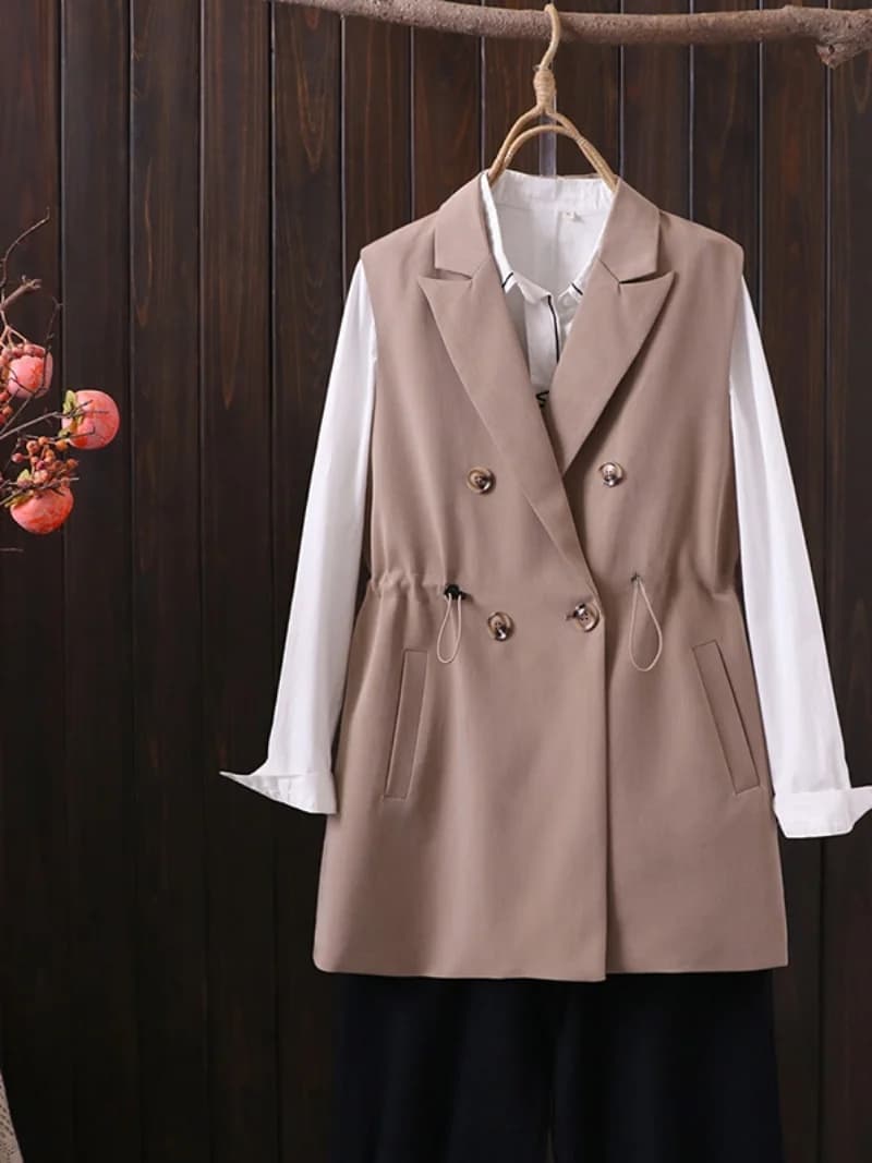 Spring 2023 Korean Style Double Breasted Suit Jacket Waist Drawstring Long Vest Women's Fashion Commute Pure Color Cotton Vest