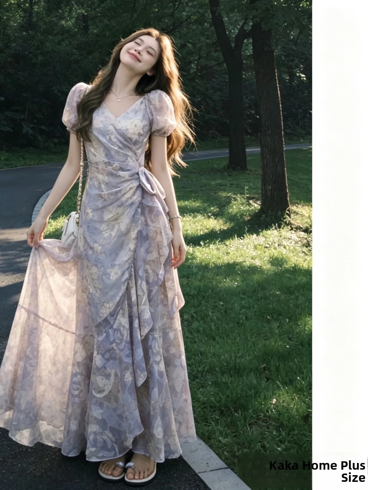 plus Size Floral Lace Splice Short Sleeve Dress with Waist Cinch Bubble Sleeve Long A-Line Skirt for Women Summer 2026