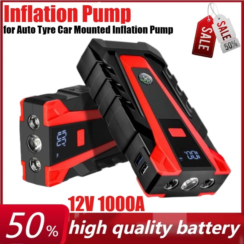Pompa di gonfiaggio montata su auto con batteria di avviamento per auto da 12 V 6000 mAh con schermo LCD completo LED USB per banca di potere per pneumatici automatici