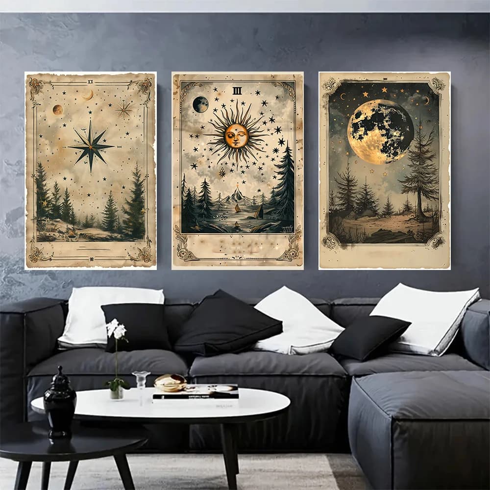 3 pz/set Stelle Luna Sole Tarocchi Carta Stampa Su Tela Misterioso Cielo Tema Astrologia Wall Art Poster per Soggiorno Moderno Complementi Arredo Casa