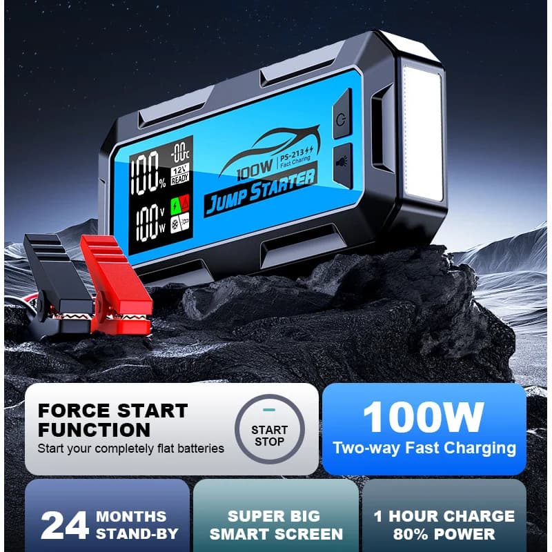 Avviatore di Emergenza per Auto 4 in 1 Portatile 100W con Power Bank e Super Condensatore con Ricarica Rapida e Uscita DC