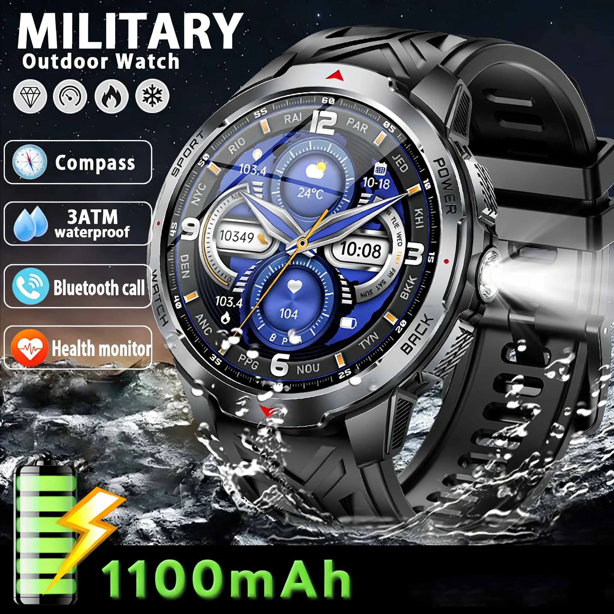 Nuovo orologio intelligente militare da 1100 mAh per uomo, display grande da 1,7'', bussola, orologio sportivo, IP68, impermeabile, chiamata Bluetooth, smartwatch
