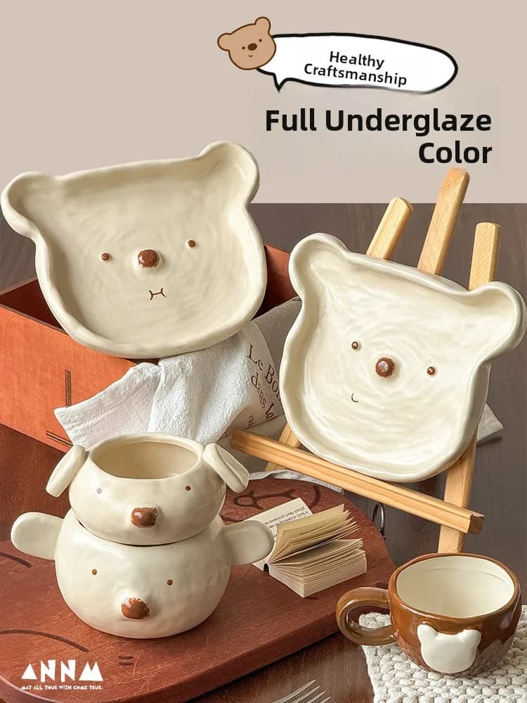 Set di Ciotole in Ceramica a Forma di Orso, Stile Crema, per Uso Domestico, Nuovo 2025, Tazze di Alto Valore Estetico, Piatto da Dessert Rotondo per Uso Quotidiano