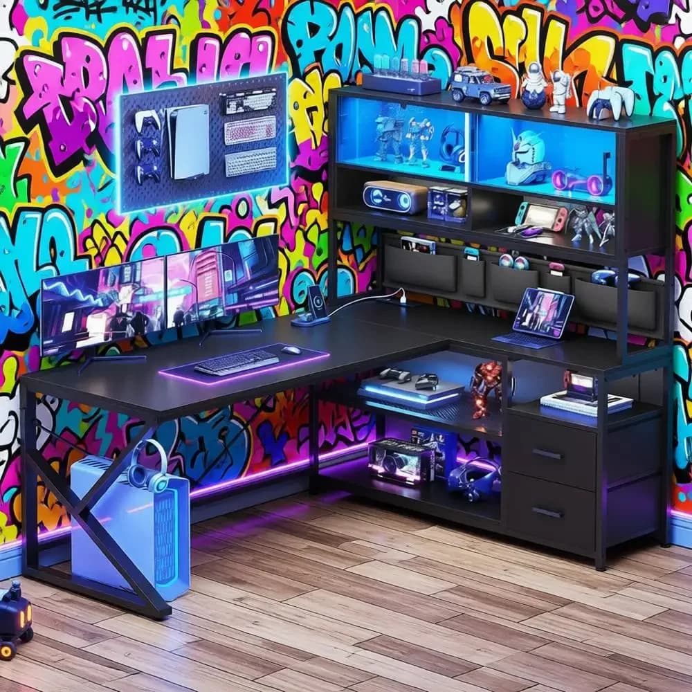 Bestseller Scrivania a L Nera con LED, Spazio di Archiviazione, 2 Cassetti e Vetrina in Vetro per Gaming e Ufficio Domestico