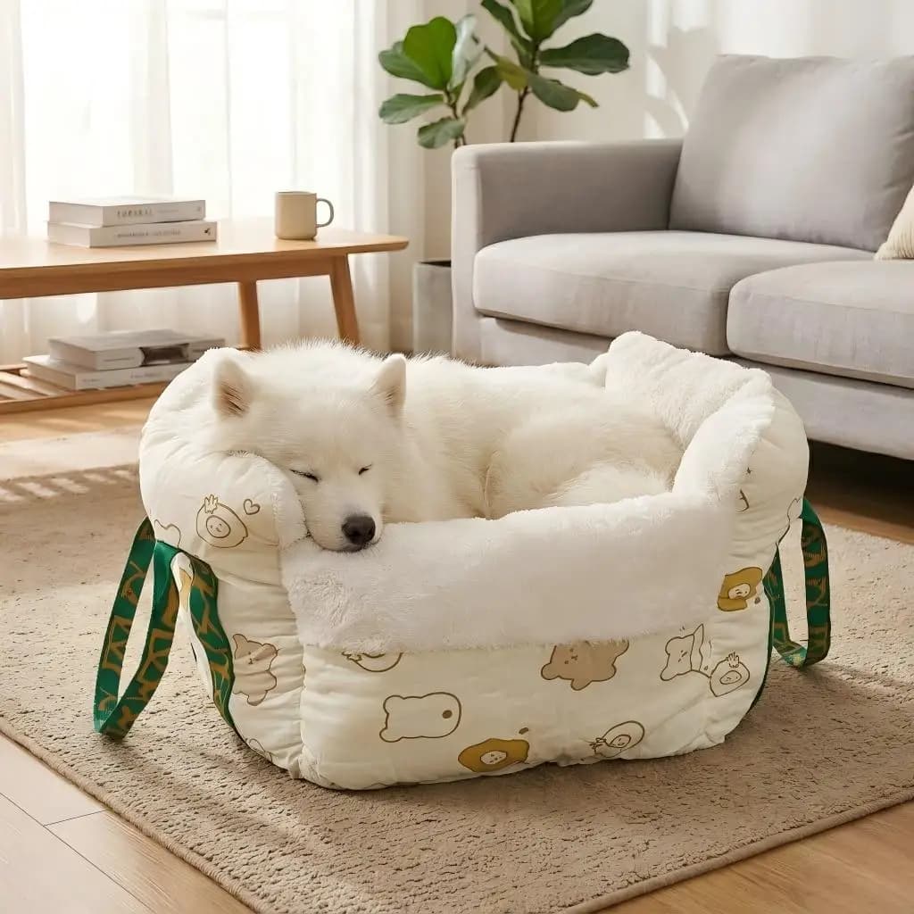 Portable Dog Car Seat Travel Carrier Bag Warm Plush Pet Bed Couch Nest Center Console Puppy House for Small Medium Dogs Cats