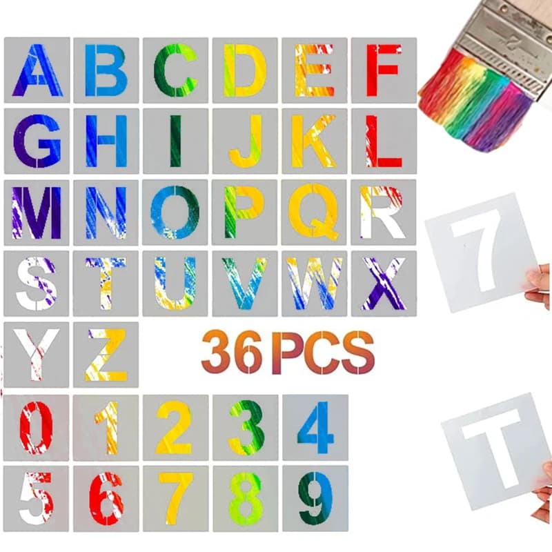 36 pieces of alphabet model numbers, art craft patterns, reusable plastic word stickers, diy painting word patterns, multiple sizes