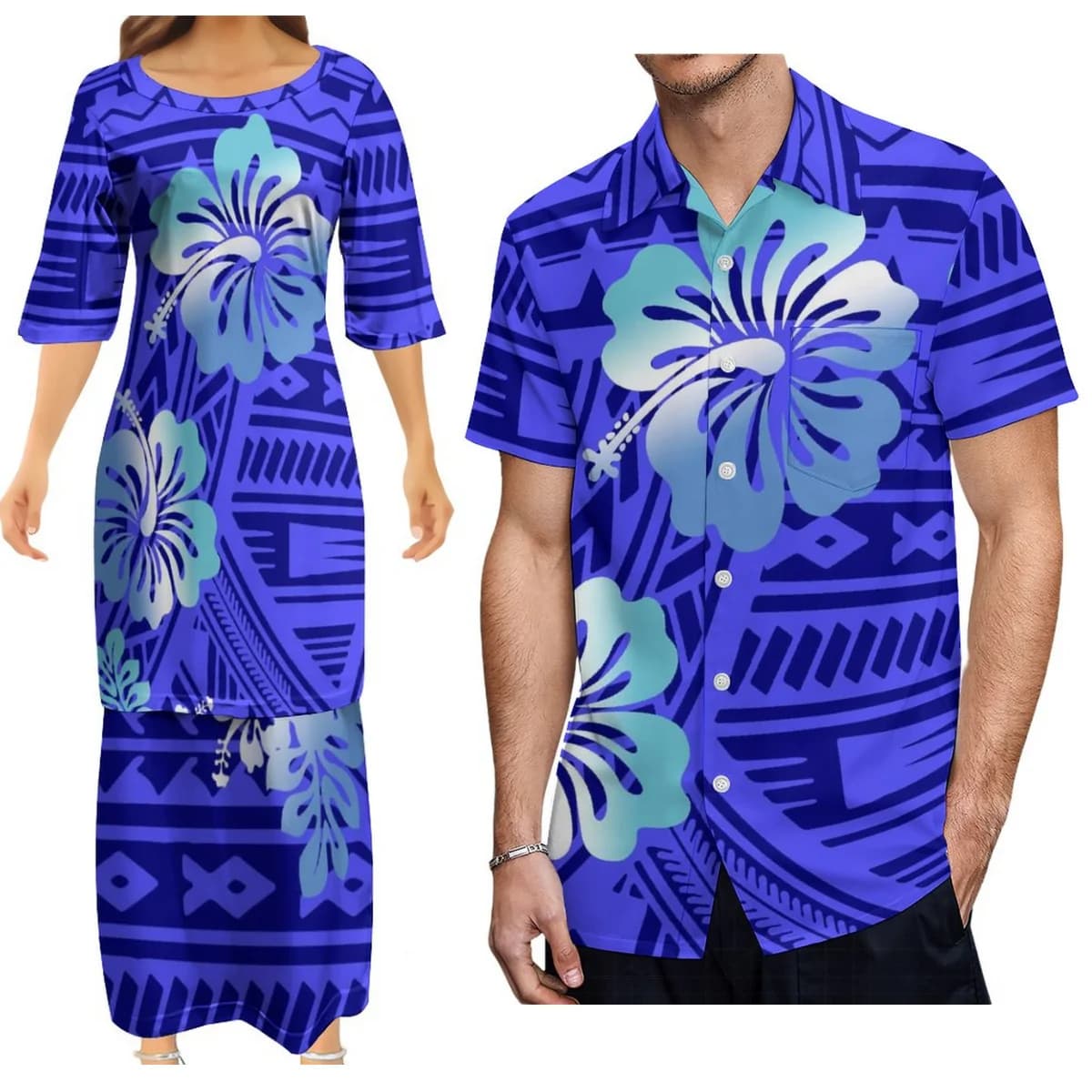 Abito a mezza manica da donna in 2 pezzi 7xl con stampa Tribe Tongan polinesiana abbinato al Design del supporto della camicia da uomo