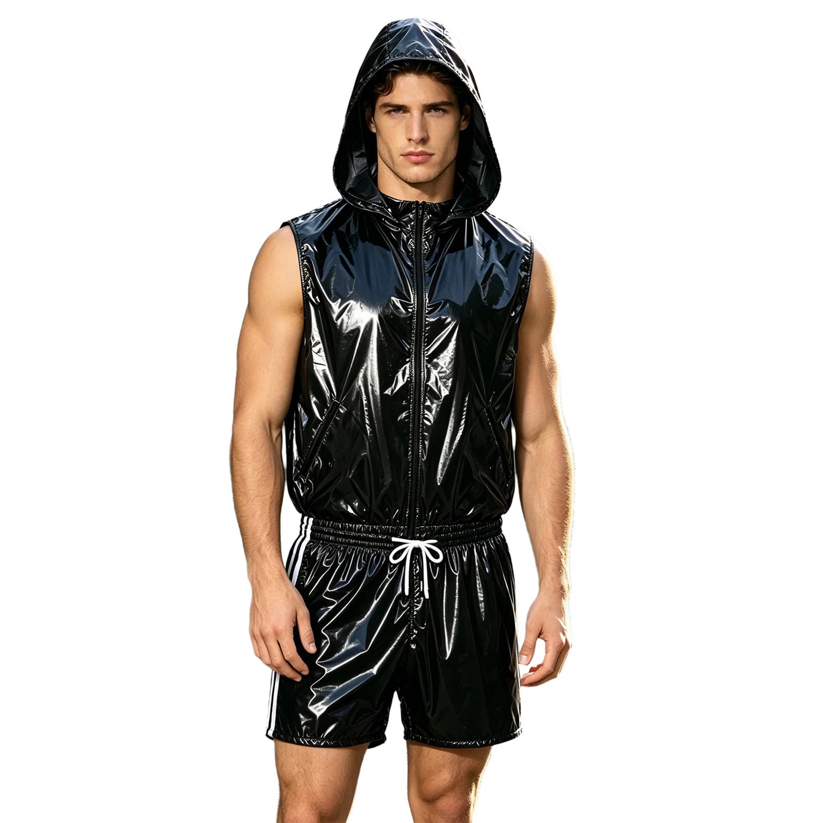 Men Waterproof Zipper Hooded Vest with Shorts Built-in Briefs Hip Hop Outfit Sauna Suit Raincoat Cycling Tracksuit Streetwear