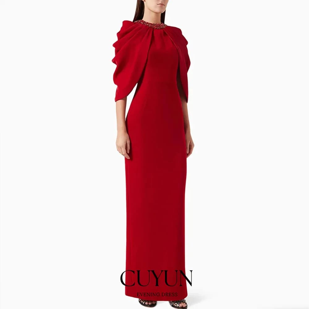 CUYUN Abito da ballo rosso con mantello personalizzato con pietre di cristallo Guaina sul retro Abito da sera donna dell'Arabia Saudita