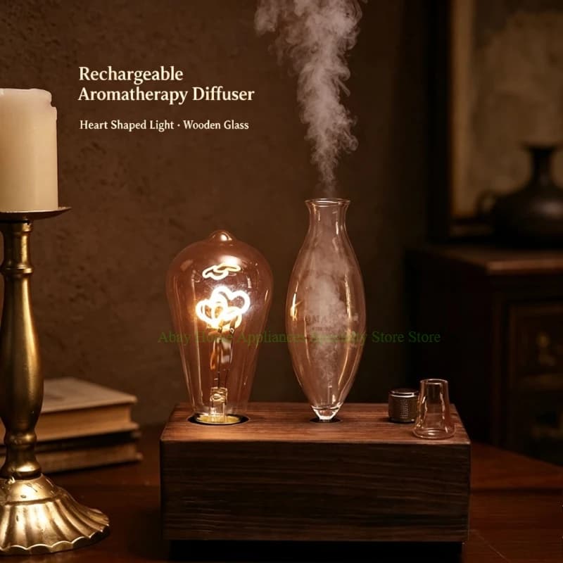 Rechargeable Heart Shape Light Waterless Nebulizing Essential Oil Diffuser Wooden Glass Cordless Wireless Aromatherapy Nebulizer