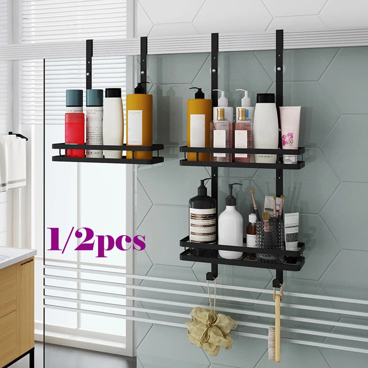 Mensola sospesa per doccia con ganci Ventose Mensola portaoggetti per shampoo senza chiodi in acciaio inossidabile Portaoggetti per cestino da bagno