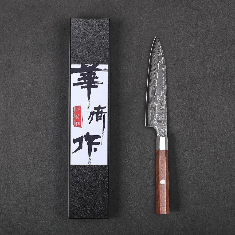 Coltello da Cucina Giapponese Classico da 5 Pollici, Forgiato a Mano in Acciaio Damascato, Coltello Professionale da Chef per Frutta e Carne, Utensile da Cucina
