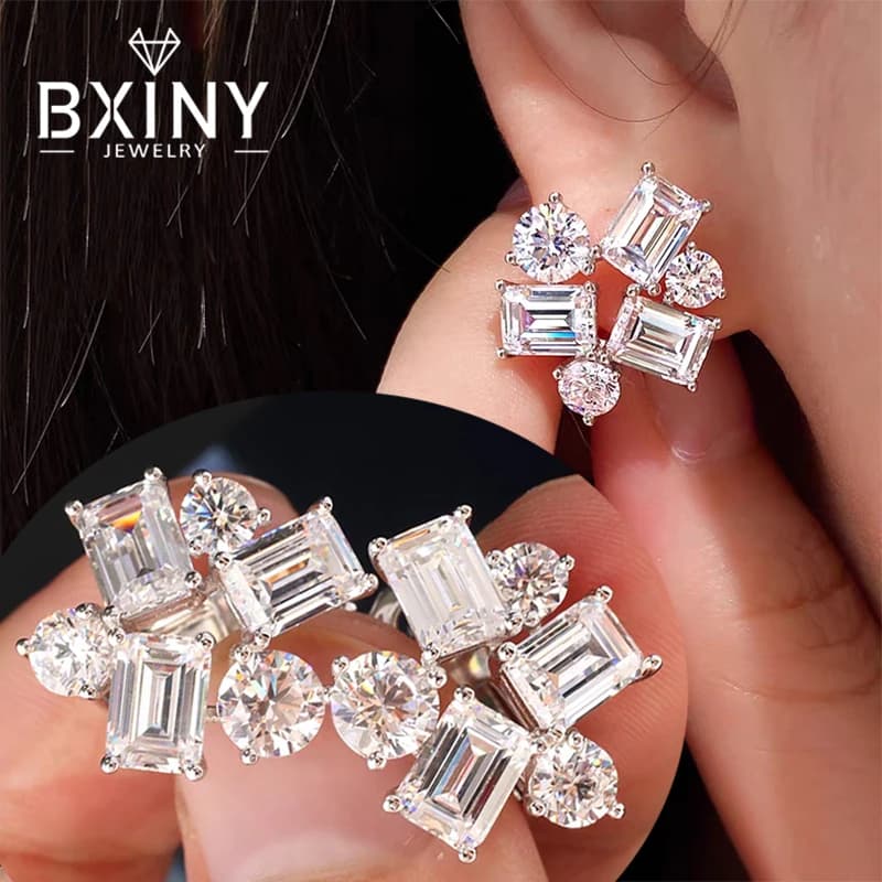 BXINY Orecchini a bottone Moissanite di lusso S925 Argento Smeraldo e taglio rotondo Lab Orecchini a bottone con diamanti per le donne Regalo di nozze Gioielleria raffinata