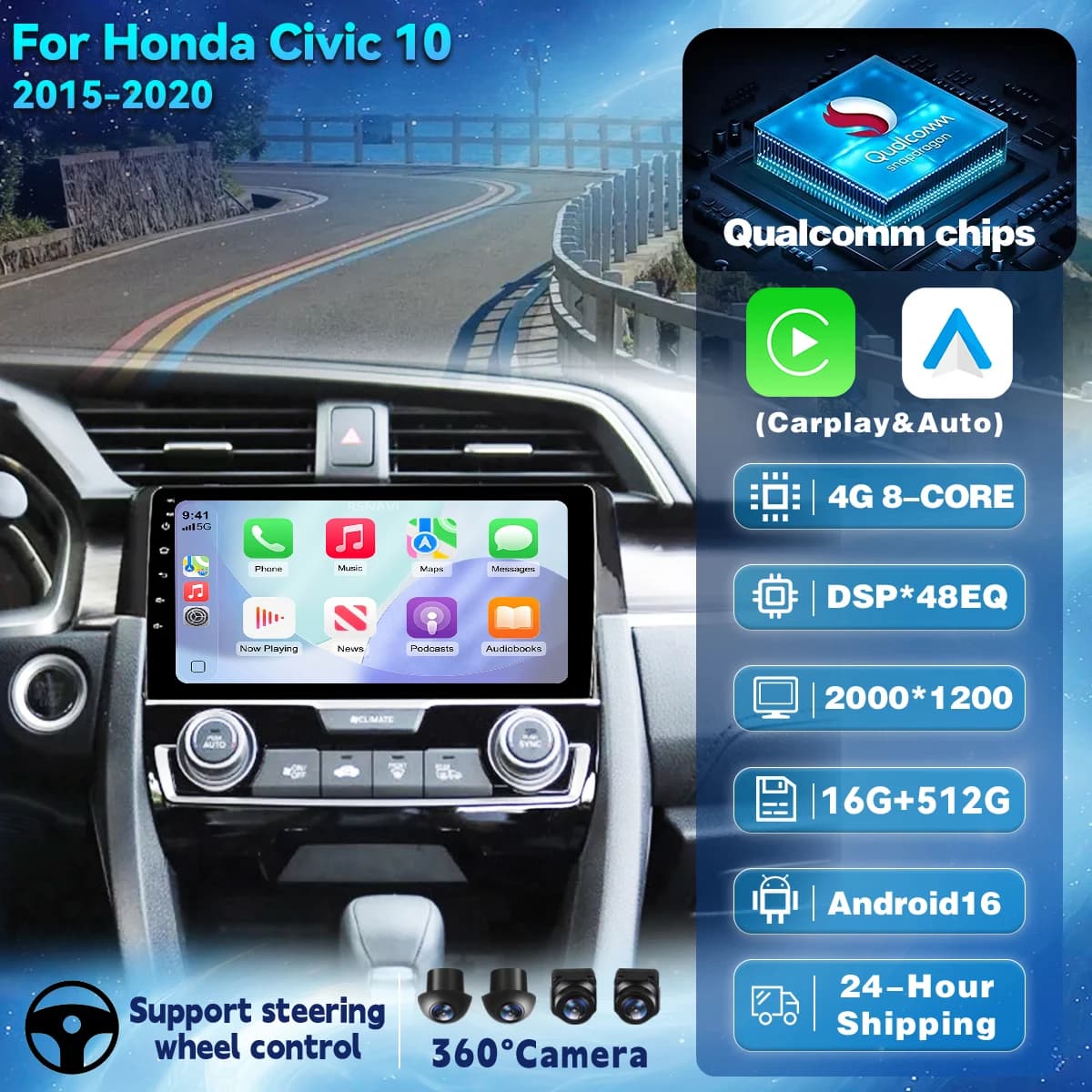 Autoradio multimediale Android 16 Carplay per auto, lettore radio per Honda Civic 10 FC FK 2015-2020, autoradio GPS stereo 2din.