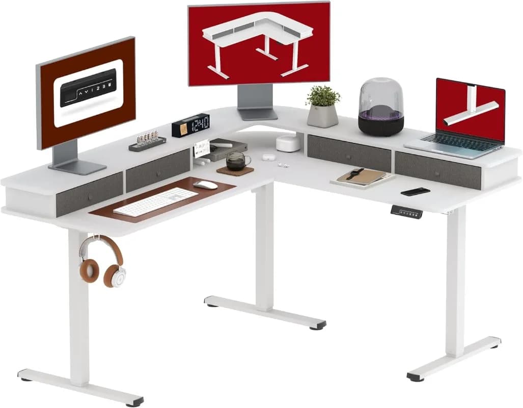 63" L-shaped floor desk with 3 drawers, stand up desk height adjustable, corner play desk with monitor support, white